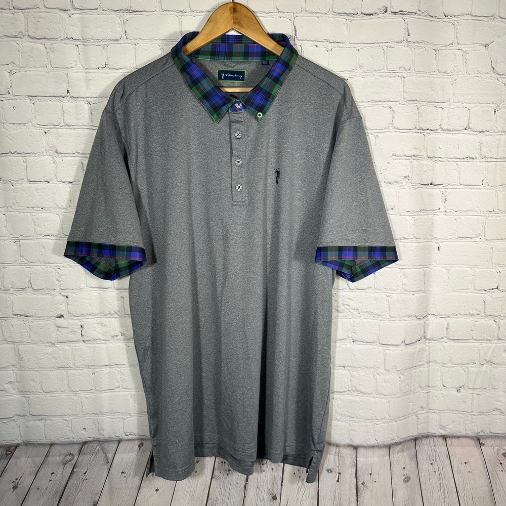 William Murray Golf Polo Shirt Mens XXL Gray Tartan Plaid Collar Short Sleeve